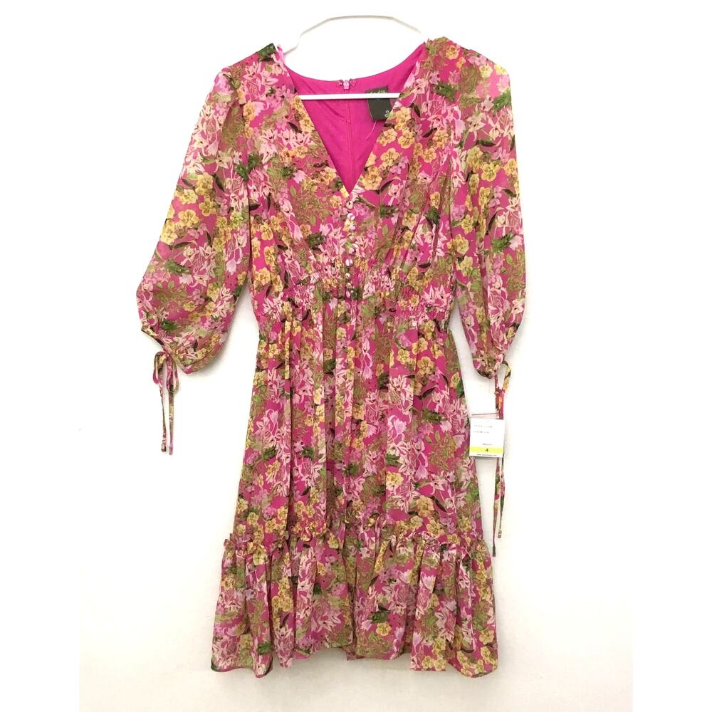 TAYLOR Floral 3/4 Sleeve V-Neck Button Ruffle Trim Smocked Mini Dress Small Sz 4